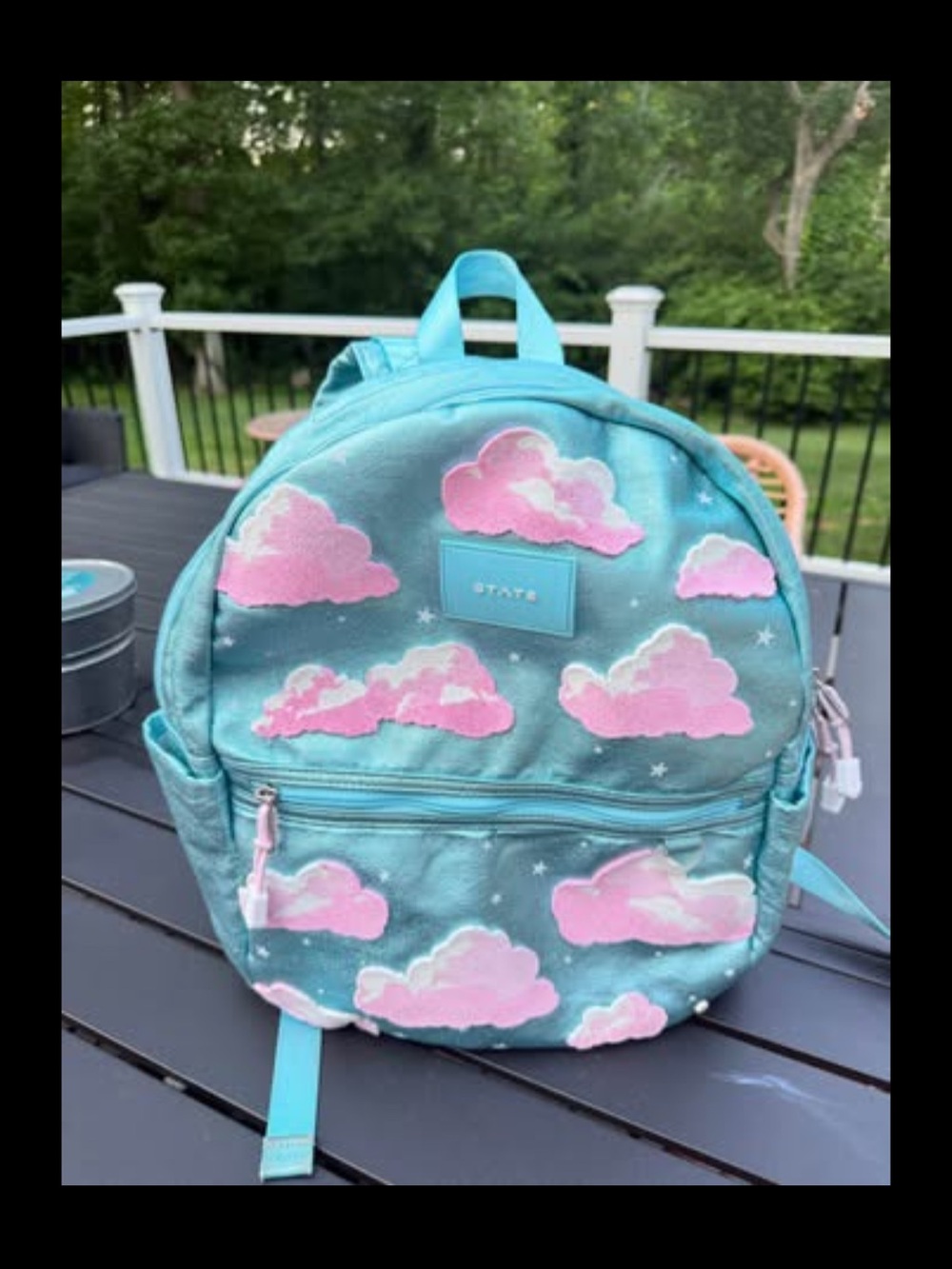 STATE Teal Kids Backpack with Pink Cloud Pattern